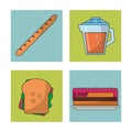 White background with frames of picnic elements with french bread and juice jar and sandwich and pie