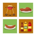 White background with frames of picnic elements with grill and sausage and meat and set of bottles sauce