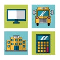 White background with frames of school elements bus and computer and calculator and school building