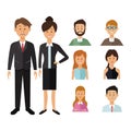 White background with full body executive couple and half body icons group people of the world diversity