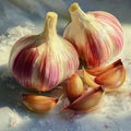 On a white background, a garlic bulb is shown with its individual cloves exposed Royalty Free Stock Photo