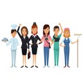 White background with group female people of different professions