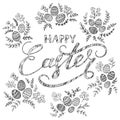 White background with grunge lettering Happy Easter and decorative eggs