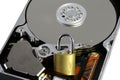 White background and hard disk of a computer with the padlock to Royalty Free Stock Photo