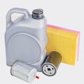 On white background. insulation. canister with engine oil. air filter, oil, fuel. dealership scheduled service