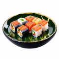 On a white background, isolated on sushi and chopsticks.