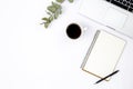 White background with laptop, notepad, eucalyptus branch and coffee, top view. Royalty Free Stock Photo
