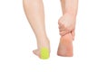 On A White Background, The Leg, Medical Tapes Are Pasted On The Foot, For Muscle Sprains