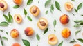 On a white background, a levating peach is composed of peaches, peach halves, slices, and green leaves. Royalty Free Stock Photo