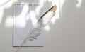On a white background lies a notebook. The goose feather lies obliquely. Royalty Free Stock Photo