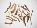 White background Liquorice or licorice or Mulethi is root of glycyrrhiza glabra from a sweet flacour can be extracted. Used in