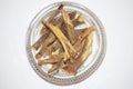 White background Liquorice or licorice or Mulethi is root of glycyrrhiza glabra from a sweet flacour can be extracted. Used in