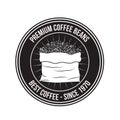 White background of logo design of circular frame premium coffee beans of best coffee since 1970 with bag full beans