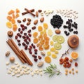 on white background loose dried fruits and nuts