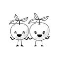 White background of monochrome pair of orange fruits caricature