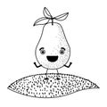 White background of monochrome pear fruit caricature over grass Royalty Free Stock Photo