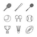 White background with monochrome set of sports of racket and baseball bat and football ball Royalty Free Stock Photo