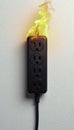 White background with an overloaded power strip that is on fire, burning hazard, overheating, Royalty Free Stock Photo