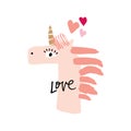 White background with paper style collage cutout unicorn face. Vector illustration in cartoon handmade nursery style