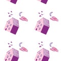 White background pattern with pink and purple houses, blue moon, clouds and birds.