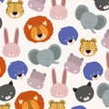 White background pattern with set color face cute animals