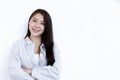 White background picture ,Young business women in Asia are smiling, Text input