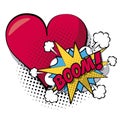 White background pop art style of cloud explosive callout for dialogue with boom text and closeup heart in halftone