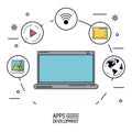 White background poster of apps development with laptop and icons app of more use forming a circle Royalty Free Stock Photo