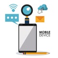 White background poster of mobile device with smartphone and common icons in top view