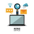 White background poster of mobile devices with laptop computer and common icons