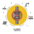 White background poster plumbing services with color circle with stopcock and plumbing icons around