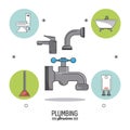 White background poster plumbing services with color faucets and plumbing bathroom icons around