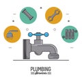 White background poster plumbing services with faucet in closeup and plumbing icons on top