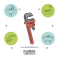 White background poster plumbing services with pipe wrench in closeup and bathroom icons