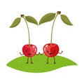 White background with realistic pair of cherry fruits caricature over grass