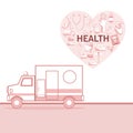 White background with red color sections of silhouette ambulance car and heart shape with elements health Royalty Free Stock Photo