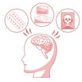 White background with red color sections of silhouette profile human head with brain and elements health