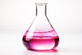White background, round bottom distillation flask, pink liquid, glass beaker, glass tube filled with pink liquid. Laboratory