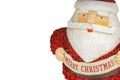 White background of rustic colorful woodcut santa with Merry Christmas banner and fluffy knit suit - Room for copy