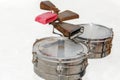 rusty dirty old drums and percussion on white back Royalty Free Stock Photo