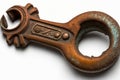 On a white background, a rusty vintage wrench. vintage close up of a wrench