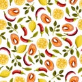 White background seamless pattern. Delicious print. Red fish, lemon, chili peppers, herbs