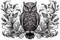 A white background serves as a canvas for the owl, adorned with intricate floral patterns, swirls, and decorative shapes, creating