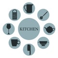 White background with set collection bluew color of circular icons different silhouette elements kitchen inside