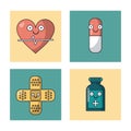 White background with set of frames with heart pulse and pill and ban aid and medicine bottle Royalty Free Stock Photo