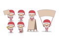 White background of set full body cute caricature of santa claus with placard wooden