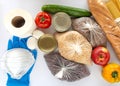 A set of products on a white background donated to the poor during the covid - 19