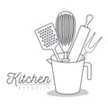 White background with set silhouette kitchen utensils inside in jar