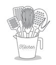 White background with set silhouette kitchen utensils in jar