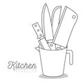 White background with set silhouette knifes kitchen utensils in jar